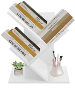 Accmuzzy Baumform Bücherregal 4 Ebenen | Einfach Montieren für Kleines Bücherschutz (Weiß, 15.94 in | 2 Ebenen)