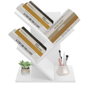 Accmuzzy Baumform Bücherregal 4 Ebenen | Einfach Montieren für Kleines Bücherschutz (Weiß, 15.94 in | 2 Ebenen)