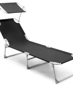 LIFERUN Klappbarer Liegestuhl - schwarzeSonnenliege mit verstellbarerRückenlehne und Dach für Garten und Strand