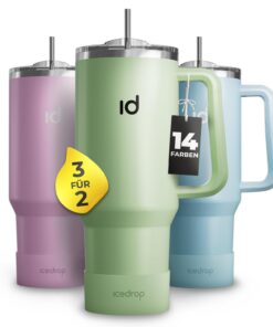 IceDrop® XXL Thermo Cup 1.2L für 12 Stunden kalte oder heiße Getränke I robuste Trinkflasche mit Strohalm und Griff I Tu
