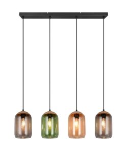 Colara Pendelleuchte, 4-flammig, Glasschirme in Grün, Rauch, Amber, stufenlos höhenverstellbar, 150 cm Hoch, 90 cm breit