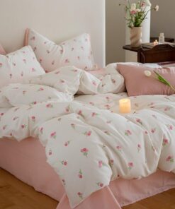 Lanqinglv ÖKO-TEX Bettwäsche - Blumenmuster 135x200 - Rosaweiß - Ideal für Kinderzimmer und Teenager - Microfaser Bettwä