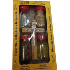 Bethlehem Gifts TM Olivenholz Kreuz Set – Salbung Öl, Jordan River Wasser, Heiligen Erde und Räucherstäbchen für Religiö
