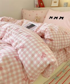 ZBOOM Kinderbettwäsche 135x200cm 2 Teilig Rosa Kariert Microfaser Set mit Reißverschluss Kinderbett