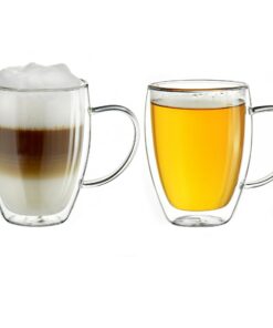 Creano Doppelwandiges Thermoglas mit Henkel, 400ml, großes Doppelwandglas aus Borosilikatglas, Kaffeegläser 2er Set Cr