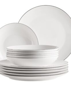 MÄSER Serie Felise, elegantes Speiseservice-Geschirr für 6 Personen, zeitlos, mit schwarzem Rand, 20cm Teller, Porzellan