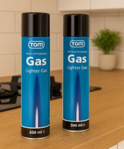 TOM Lighter Gas 300 ml Kartusche - Flambierbrenner & Co. nachfüllen - Lighter gas Blau - 6 x Adapter - für Lighter & Mor
