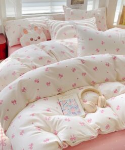 Covebett Bettwäsche Mädchen Weiß mit Rosa Schleifen Aesthetic OEKO-TEX STANDARD 100 Covebett Kinder Bettwäsche 2teilig M