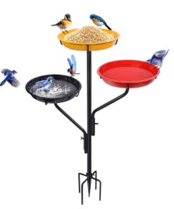 Freistehende Vogeltränke für den Garten mit Metallpfahl und 5 Zinken | Freistehende Vogeltränke und Futterstation Combo