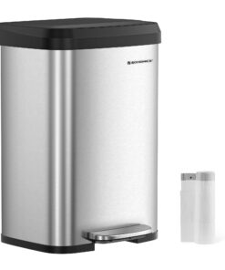 SONGMICS Küchenmülleimer 50 Liter, Metall, silbern-schwarz LTB530E50, für moderne Küche, hautentgegend, leicht greifbar,