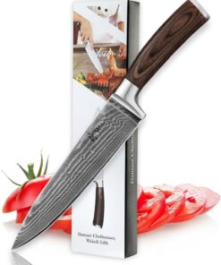 Wakoli EDIB Kochmesser aus echtem Damaststahl VG10 Kern 20 cm - Scharf & ausbalanciert - Geschenkset mit Pakkaholzgriff