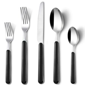 BEWOS Besteck Set für Camping, 60-teilig, schwarz, Spülmaschinenfest, farbige Griffe