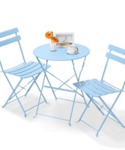 LIFERUN Bistro Set Blau: 3 Teilige Wetterfest Moosgrüne Balkonmöbel für Garten und Balkon - Klapptisch & 2 Klappstühle