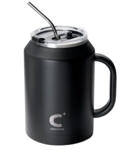 Coolplus Mitternachtsschwarz 1,4 l isolierter Edelstahl-Wasserbecher mit Griff und Strohhalm, BPA-frei, 36 Stunden kalt,