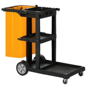 HOMCOM Professioneller Reinigungswagen Schwarz mit 3 Ablagen und 100L Tasche für Hotel und Restaurant