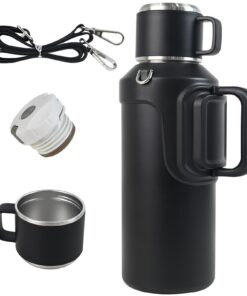 MIGHTYDUTY 2L Edelstahl Thermosflasche Outdoor Sports Schwarz Isolierflasche Mit Tragegurt