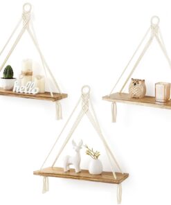 Handgemachtes Mkono Makramee Hängeregale für Schlafzimmer und Wohnzimmer | Rustikales Holz Boho Hängeregale 3er Set für