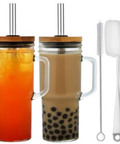 ALINK 2pcs 710ML Becher mit Griff, Deckel und Strohhalm - ideal für Eiskaffee, Smoothies und Saft - wiederverwendbare Ma