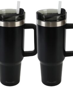 Rosenstein & Söhne Thermobecher mit Deckel: Doppelwandiger Vakuum-Thermobecher 2er-Set, 1200ml, Strohhalm, schwarz