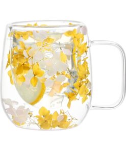Doppelwändige Glasbecher mit Trockenblumen, isolierter Teebecher, klarer Wärmeisolierung, 200ml für Getränke und Wasser