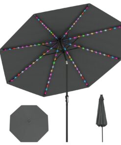 COSTWAY Sonnenschirm 300 cm mit Solar-Beleuchtung für Garten und Balkon, ideal für Familien, bei Tag und Nacht (Grau)