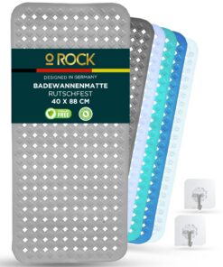 ROCK Badewannenmatte Grau 88x40cm - Antirutschmatte mit 2 Selbstklebenden Haken für Badewanne & Dusche - Duschmatte mit
