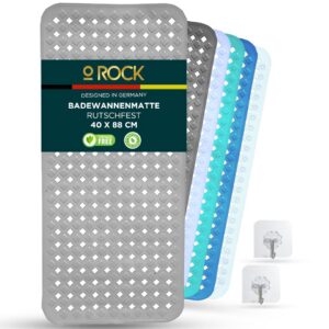 ROCK Badewannenmatte Grau 88x40cm - Antirutschmatte mit 2 Selbstklebenden Haken für Badewanne & Dusche - Duschmatte mit