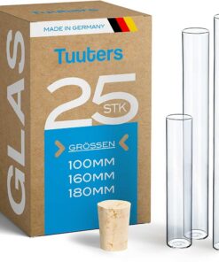 TuUTERS 25x Flachboden-Gläser mit Korken (Hellbraun) für Labore und Chemielaboren (160 x Ø 20 mm) - Versatile Analyseger