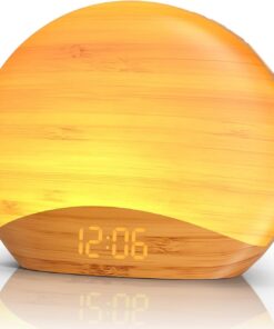 REACHER Lichtwecker Sonnenaufgang, Nachtlicht, 26 Beruhigender Klänge, 0-100% Dimmbare Uhr, Holz Tageslichtwecker für Sc