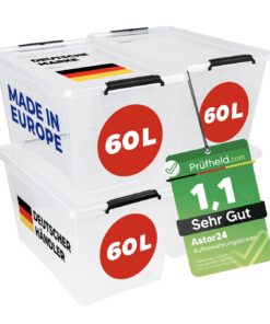 Astor24 Test SEHR GUT NOTE 1.1 Aufbewahrungsboxen mit Deckel, transparente 4x 60 L, ideale Aufbewahrung für Küche und Bü