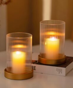 Glasseam 2er Set Gold Windlichter Kerzenhalter Glas mit Metall Teller für Wohnzimmer Outdoor Tisch Deko