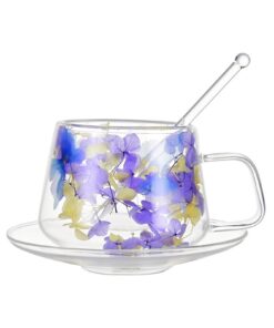 Dried Flowers Glass Mug Double Wall Transparent Coffee Cup 250ml Clear Handle Cup Featuring Glass Material Insulated Hea