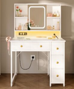 Make-up-Tisch ODK mit Verstellbarem LED-Spiegel & USB-Steckdosen, ideal für Beauty-Lovers im Badezimmer | Weißer ODK Sc