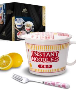 Groß formatige Ramen Schüssel mit Deckel und Griff für Instant Nudeln -(rot, 1000ml) | Keramische Ramen Bowl mit Deckel