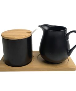 Milch und Zucker Set Schwarz Keramik Löffel inkl. Deckel | Keramik Sahnekännchen Milchbehälter mit Holz Tablett | Zucke