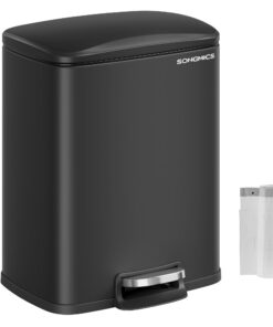 SONGMICS Stufen-Mülleimer für Küche, Absenkautomatik, 20 l, Edelstahl, bleibt offen, inklusive Müllbeuteln, Schwarz ULTB