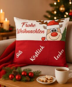 KAMACA festliches Weihnachtskissen 43x43 cm mit 3 Taschen zum Befüllen für Familie und Freunde (Elch Ole)