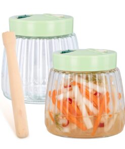 2er Set Fermentierglas 1L mit Entlüftungsventil + Glasgewichte 7cm + Holzstampfer für Sauerkraut Kimchi Sauerteig