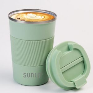 SUNTQ Thermobecher to go - Edelstahl, Doppelwand Isoliert, Wiederverwendbar, 380ml, Mintgrün