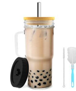 HMJIA Glasbecher mit Deckel und Strohhalmen für Boba Tee und Smoothie Trinkglas mit Griff und Eiskaffeebecher (24oz) (1)