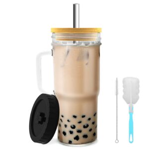 HMJIA Glasbecher mit Deckel und Strohhalmen für Boba Tee und Smoothie Trinkglas mit Griff und Eiskaffeebecher (24oz) (1)