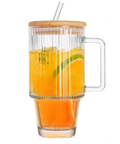TELAIN 32oz Glasbecher mit Griff für Heiß- und Kalte Getränke - Bambusdeckel und Strohhalm - Selbstserviceény-Becher für