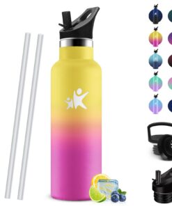 HoneyHolly Edelstahl Trinkflasche Kinder 500ml - Auslaufsicher BPA-frei Doppelwandig Isolierflasche mit Strohhalm Gelb &
