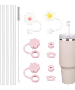 Giantzhong Stanley Cup Zubehör Set - 6 Stück 31 cm Strohhalme, 6 Pink Auslaufsichere Silikonstopfen, 2 Strohhalm Abdecku