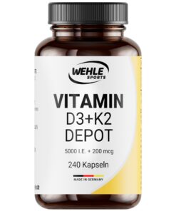 Vitamin D3 K2 Depot 240 Kapseln Hochdosiert + 5.000 IE Vitamin D3 + 200 mcg Vitamin K2 MK7 All Trans für Erwachsene zur