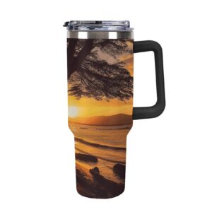 AQRJLPM Seashore Trees Sonnenuntergang-Autobecher, Edelstahl, 1,2 l, Becher mit Strohhalm und Deckel, isoliert, auslaufs