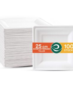 Umweltfreundliches Bagasse Pappteller Einweggeschirr ECO SOUL Pearl White Square, robust für Camping, Mikrowelle und Ofe