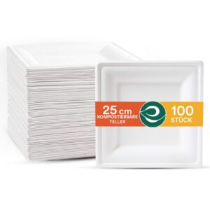 Umweltfreundliches Bagasse Pappteller Einweggeschirr ECO SOUL Pearl White Square, robust für Camping, Mikrowelle und Ofe