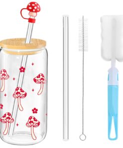 16 OZ Trinkglas mit Strohhalm und Deckel für Iced Coffee und Smoothie - Glass Tumbler Rosa - Geburtstag Geschenk für Sch