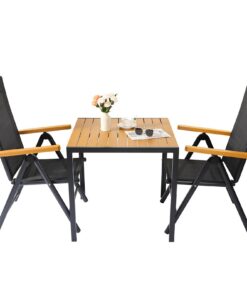 LIFERUN Alu Gartenmöbel Set 3-Tlg für Balkone - Teakbraun - Wetterfest - Innenhöfe, Terrassen, Veranden - Klappbare Hoch